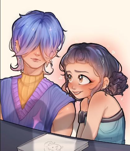 Mystery from Kpop Demon Hunters looks towards the right at Zoey as she smiles. He has purple hair and long bangs covering his eyes. She has black hair and braided buns.