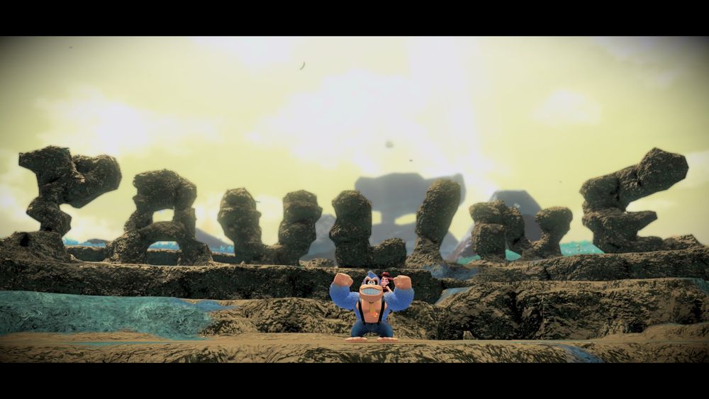A screenshot of Donkey Kong Bananza, where Donkey Kong has built Pauline's name out of soil