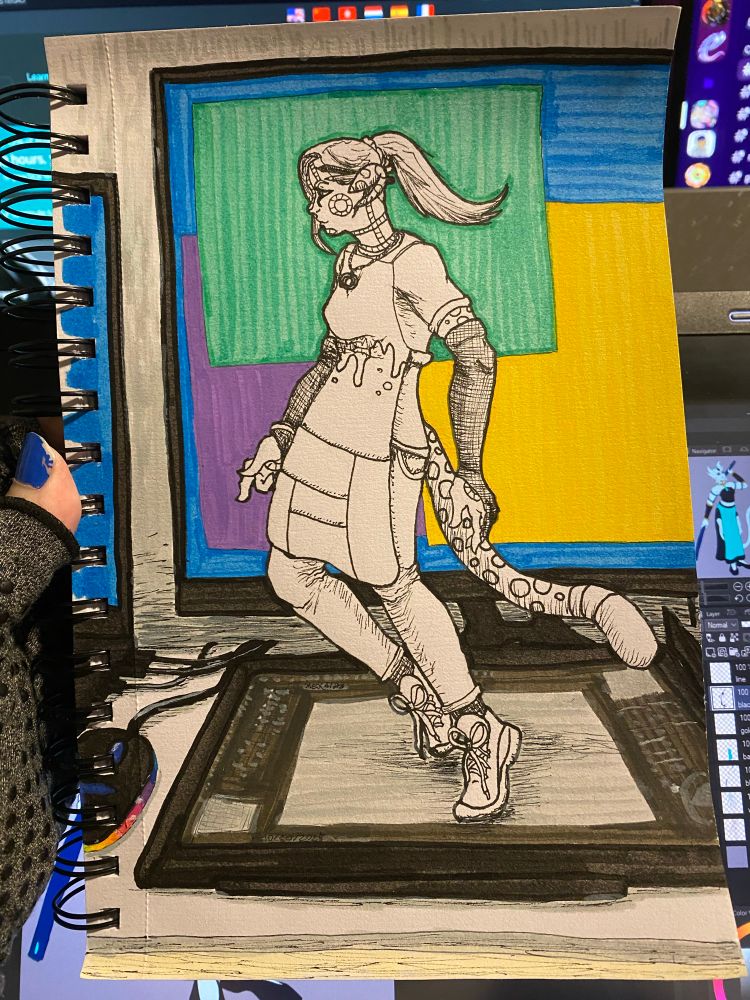 OC in black & white and hatching, on a screen drawing tablet in front of a computer monitor. 