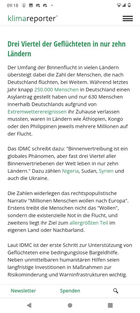 Dies ist ein Text von Klimareporter. Er beschreibt, dass die meisten Flüchtlinge Binnenflüchtlinge sind und die meisten davon aufgrund des Klimas.