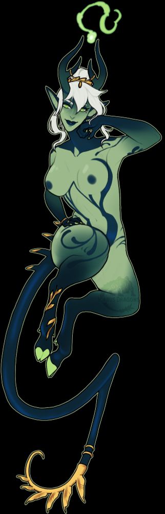 A floating green woman with dark markings. A long tail ends in a fern inspired gold cap. She has a green flame that rests between a pair of pronged horns.