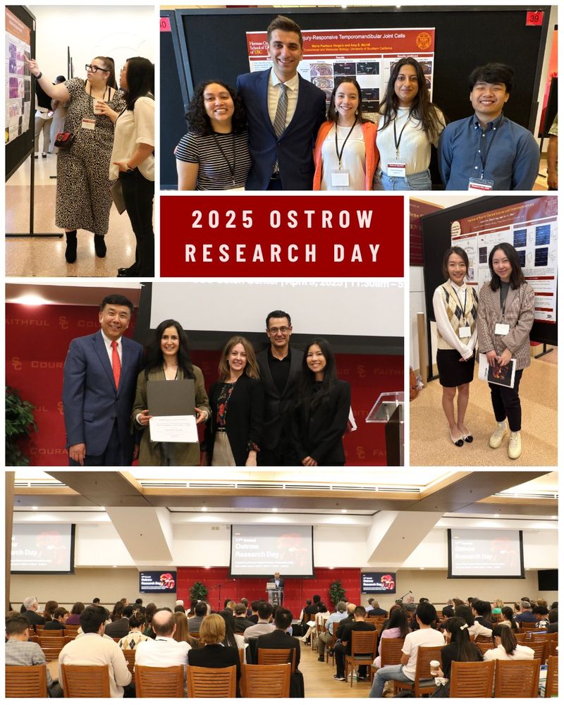 A collage of pictures from Ostrow Research Day 2025 with presentation winners, poster presentations, and groups of people at the academic research conference hosted by the Herman Ostrow School of Dentistry of USC