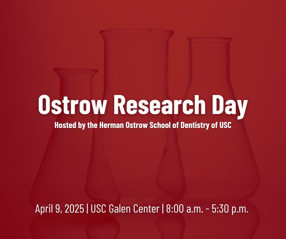 Ostrow Research Day information - April 9 at the Galen Center - on a red background with some beakers