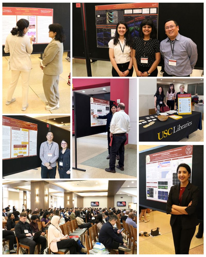 A collage of pictures from Ostrow Research Day 2025 with presentation winners, poster presentations, and groups of people at the academic research conference hosted by the Herman Ostrow School of Dentistry of USC