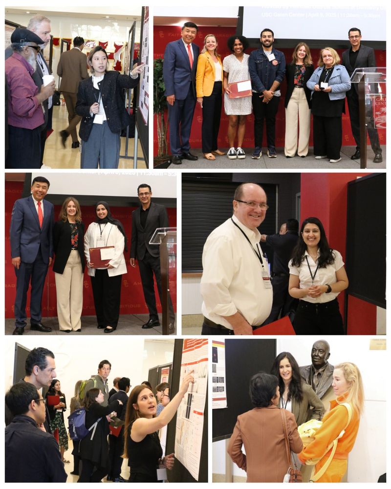 A collage of pictures from Ostrow Research Day 2025 with presentation winners, poster presentations, and groups of people at the academic research conference hosted by the Herman Ostrow School of Dentistry of USC