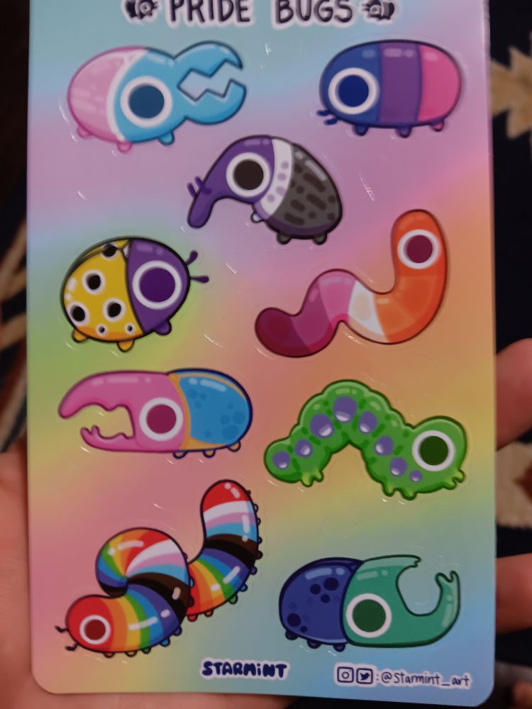 Pride Bugs sticker sheet featuring cute pride flag-colored insects by Starmint art.