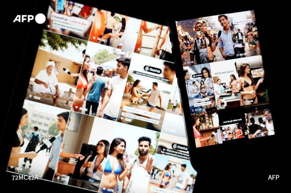 A collage of social media videos featuring AI generated women conducting interviews while wearing bikinis