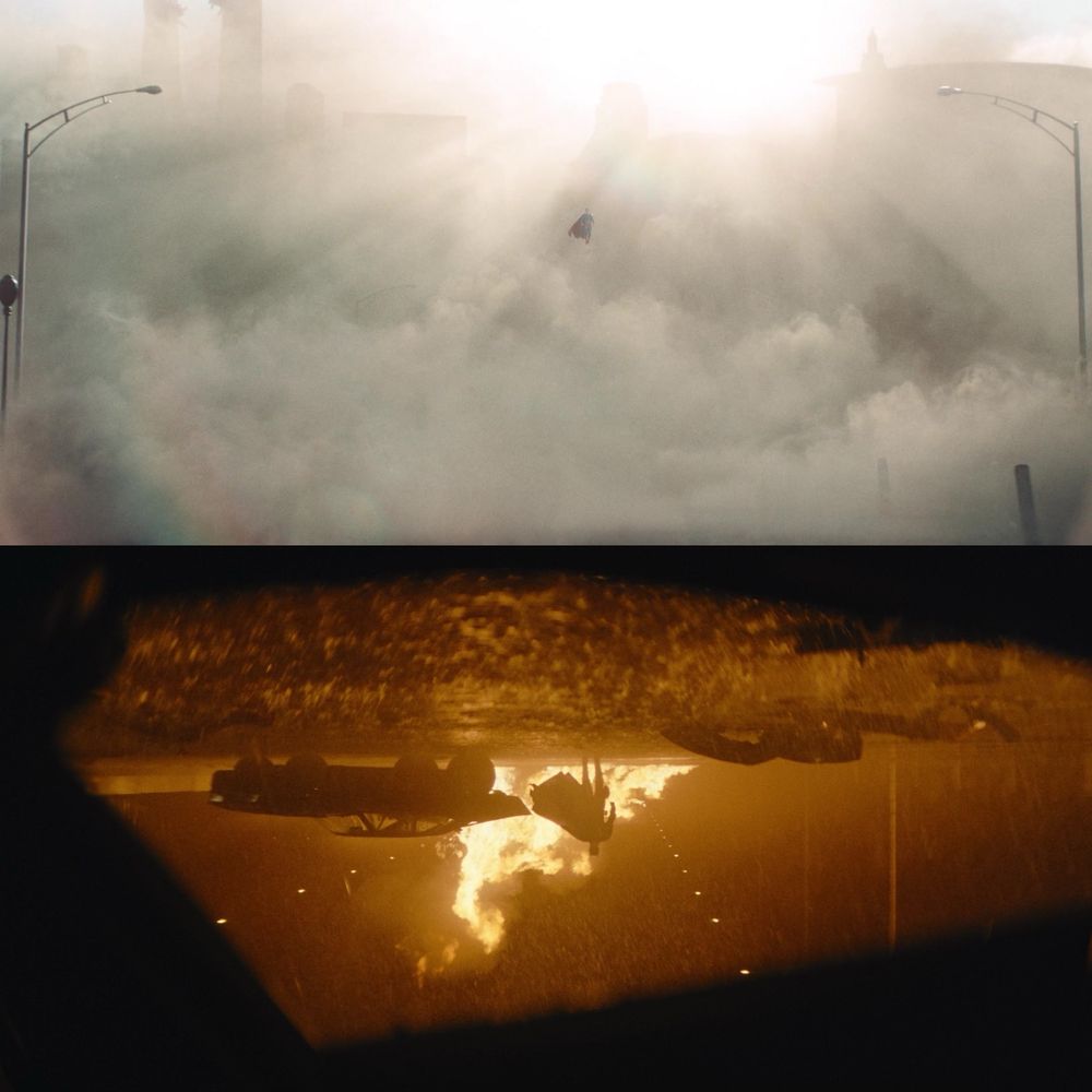 superman rising from the rubble of a collapsed building and batman walking towards penguin after flipping his car