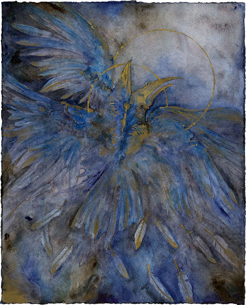 Ravens together, splitting apart. They are dark blue and brown with gold details. Two rings are around their duel heads, like saints.