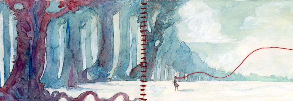 A long narrow painting of the edge of the forest. A girl stands before it, a red string (literal string) flowing behind her like a way home. The trees stand tall and are red and blue, fading off into the distance. It's calm, but daunting.