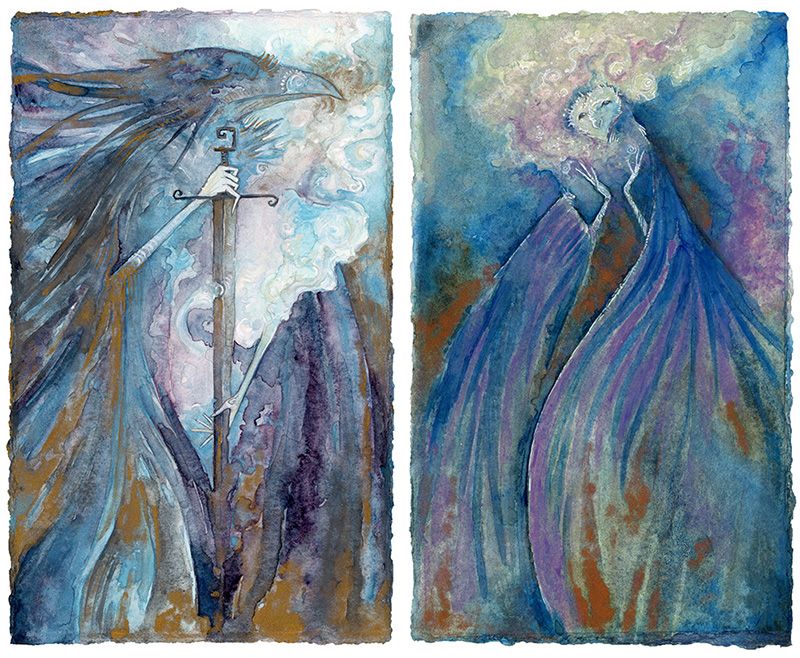 Two bird people. One is a crow knight with a sword in their long fingered hands, the other is an owl wizard with glowing light pouring out between her fingers.