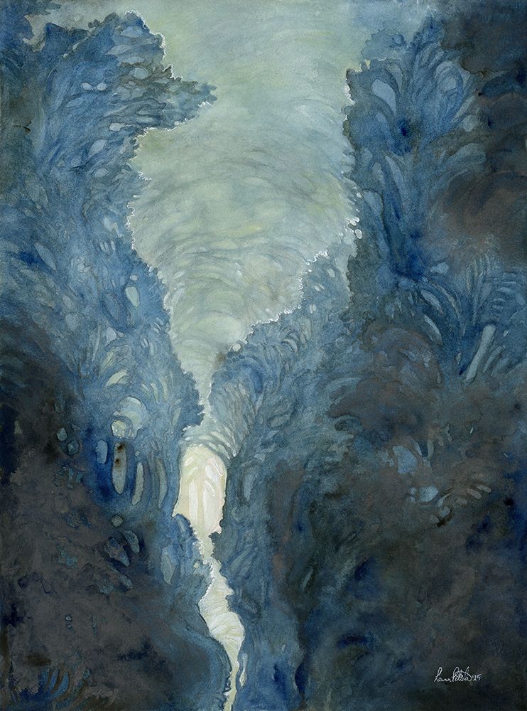Blue landscape of trees that are split down the middle by a path of white light. It could also possibly be one tree, or a forest.
