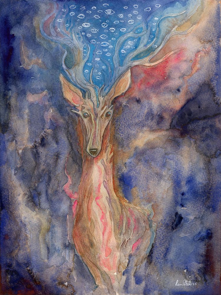 watercolor painting of a deer staring at the viewer. He has large antlers with many eyes floating between them, and soft blue sky like colors. Everywhere else is dark.