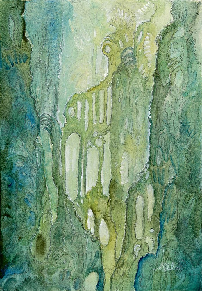 landscape in greens and blues. They are trees, but also look sort of like skyscrapers. Ruins perhaps given back to nature?