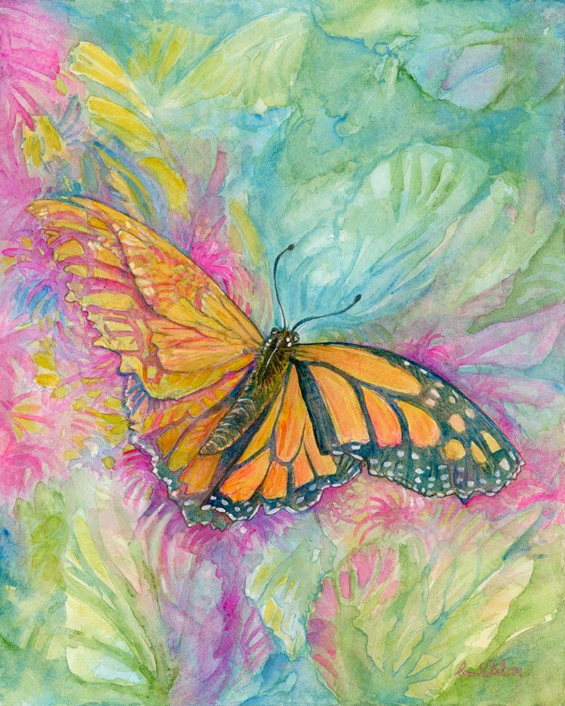 Monarch butterfly with one wing breaking apart and becoming like the abstract flowers in the background. The background is green and pink.