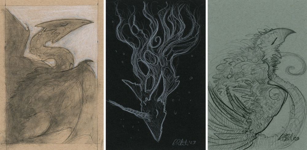 examples of two dragon sketches. One looks more like a bird, and a unicorn drawn on black paper