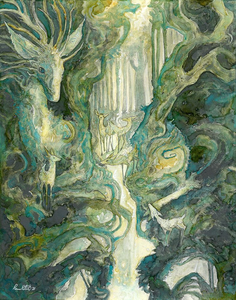 A large green deer with a tree growing from it. There are little deer all around, peering back at them. Between the tree is the wood. Below and outside of the deer are other woods.