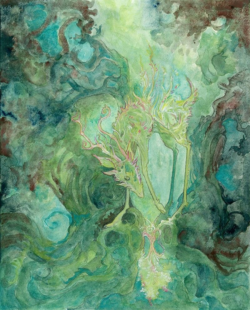 Green deer peering into the roots of an old tree.