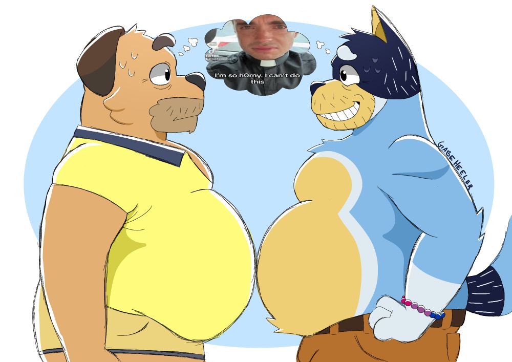 Sparky and Bandit Heeler from Bluey touching bellies while looking flustered.