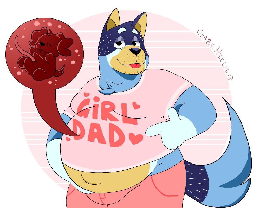 Pregnant Bandit Heeler from Bluey wearing a pink shirt that says: "Girl Dad" in bold letters. He is pointing at his pregnant stomach while sticking his tongue out. There is also an X-ray view of the baby inside his belly.