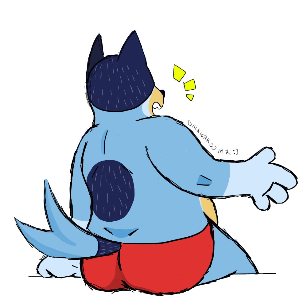 Bandit Heeler from Bluey wearing a red speedo with his back towards the viewer.