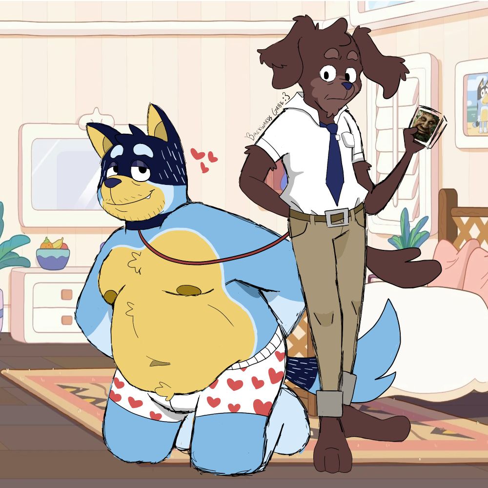 Bandit on his knees wearing a leash that is being held by Fido. Bandit is looking up at Fido with a suggestive look while Fido looks down on Bandit with an awkward look on his face.