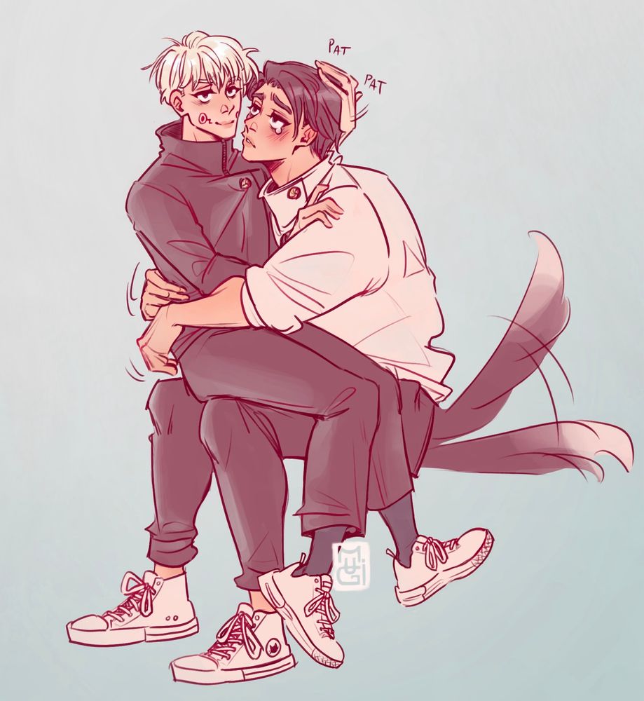 An illustration of Inumaki Toge wearing his dark school uniform with high collar, who is sitting on Okkotsu Yuuta’s lap. Yuuta, in his white jacket and dark pants, is hugging Toge tightly, looking up at him with sad puppy eyes and a dog tail wagging eagerly at him. Toge is rolling his eyes, but has an amused smile on his face. His left hand is gently patting Yuuta on his head, with small "pat pat" sound effects drawn above. Both are wearing white sneakers and the mood of the drawing is soft and affectionate.