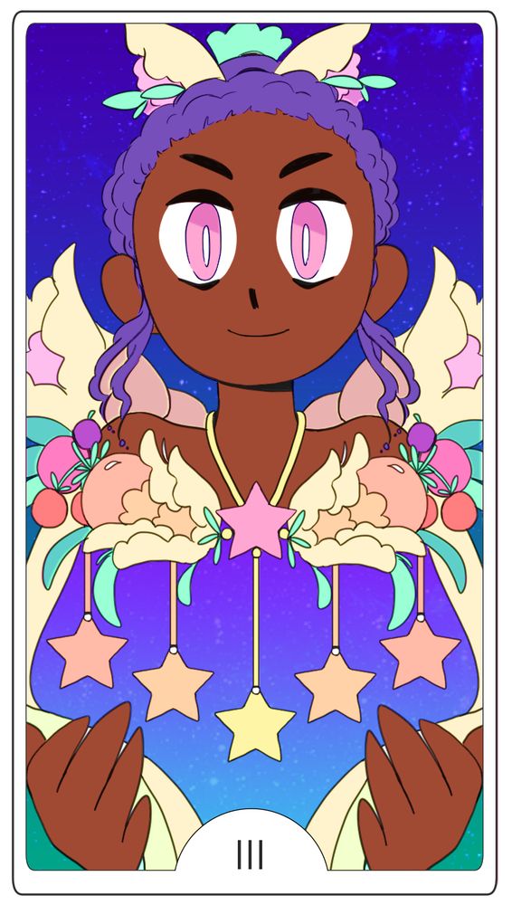 A dark-skinned person with pink eyes looks straight at the viewer. They have curly purple hair tied back in a bun and adorned with pastel pink and yellow flowers. Those same pink and yellow flowers flank them on either side. They hold a cornucopia, inside of which the galaxy can be seen. The cornucopia is overflowing with fruit, flowers, and six stars. One of the stars is tied around the Empress’ neck with a yellow string.