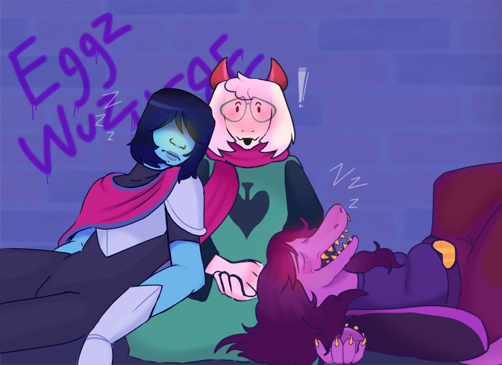 An illustration of the main 3 characters from deltarune (Kris, ralsei, and Susie) being cute and cozy 