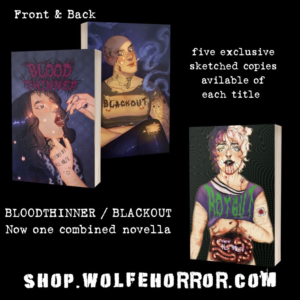 Pictures of rotgut and the new combined blackout / blood thinner book also with five sketched copies of each 