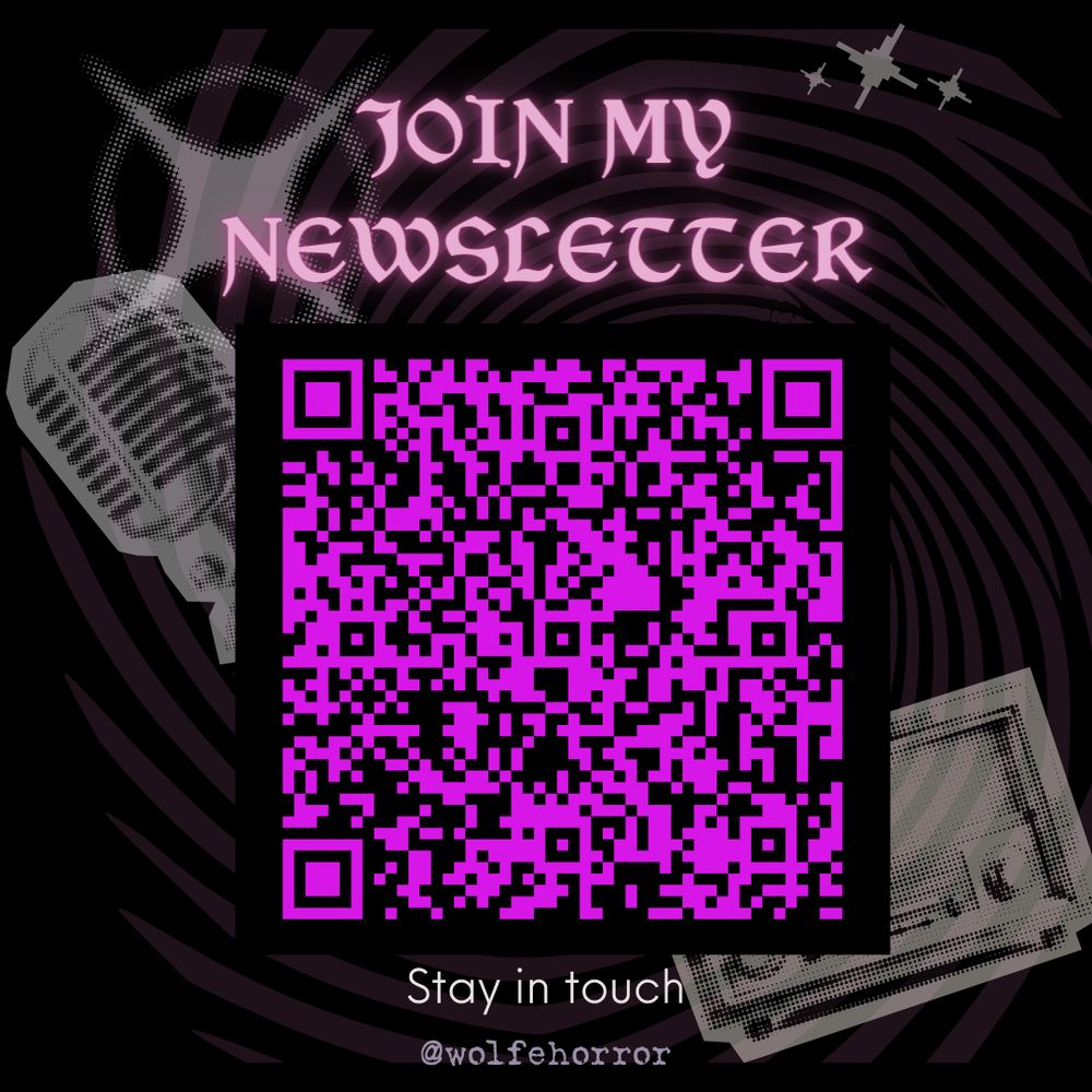 This graphic matches the others, except instead of the cover there is a big pink QR code and the text at the top says join my newsletter. 