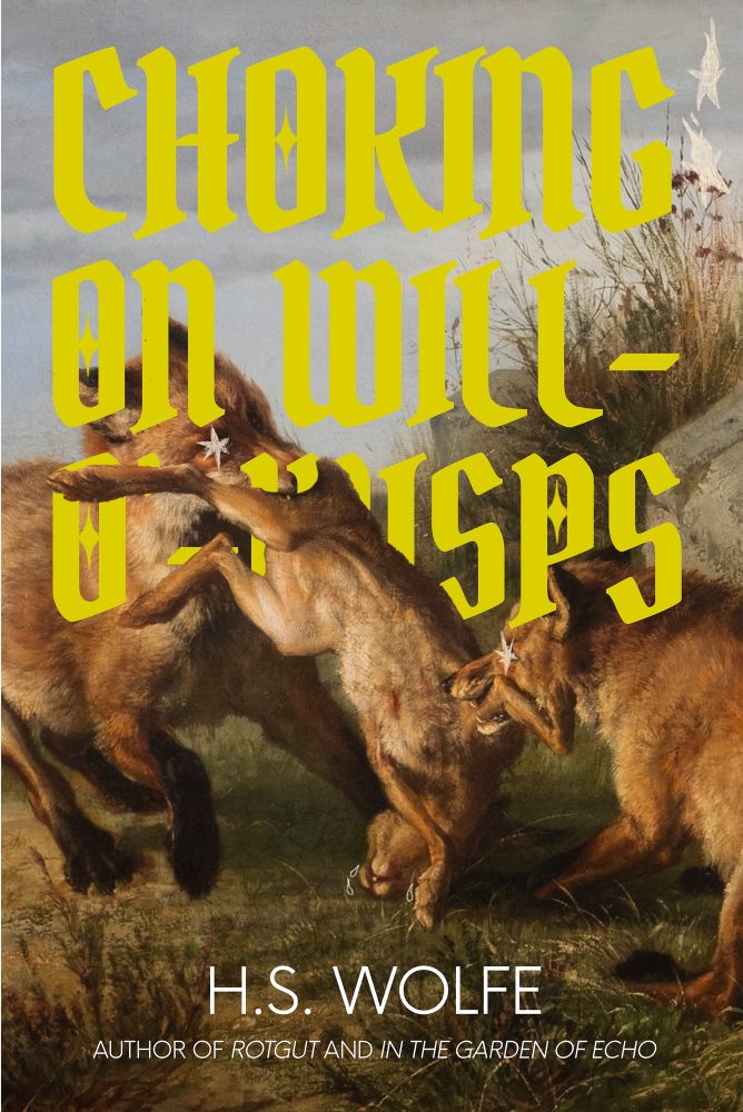 A cover of a painting of two foxes fighting over a rabbit with yellow gothic text that says choking on will o wisps cover by Jun t.n.