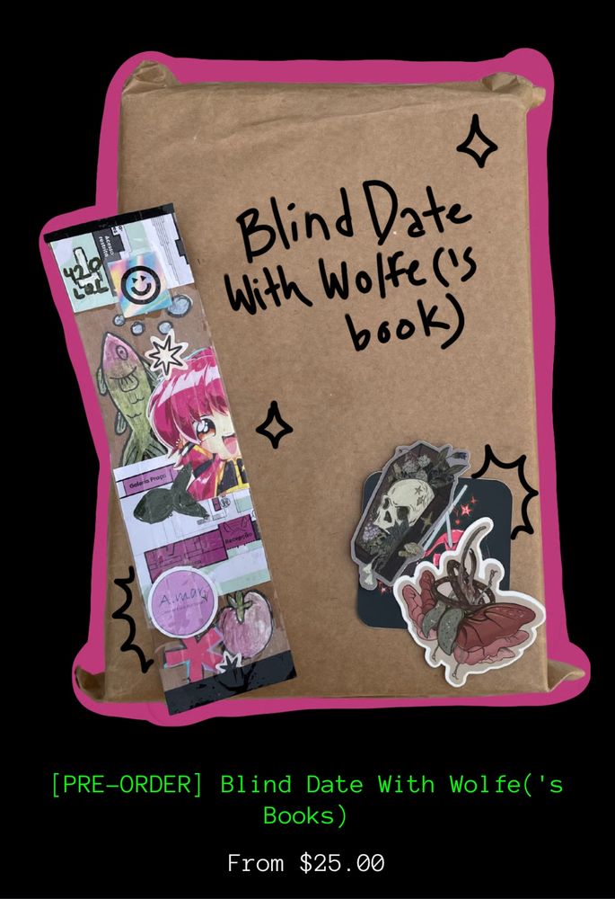 A photo of a book packaged in brown paper that says go on a blind date with wolfe(‘s books) that has a collage book mark and stickers, pre order now for $25