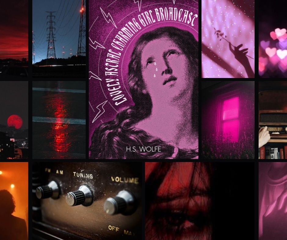 A 12 photo collage of red and pink images: a red sky, a red moon above a city, a silhouette of a person, red light reflected on wet concrete, power lines in the night sky, up close of radio knobs, a persons eye in red lighting, a glowing pink window, a pink silhouette of a hand holding a rose, a person tuning a radio, a glowing pink chest, pink hearts. The most important image is the cover in the middle of a painting of Madonna washed in pink, with drawings of tears in here eyes and lightening bolts coming from her head. 