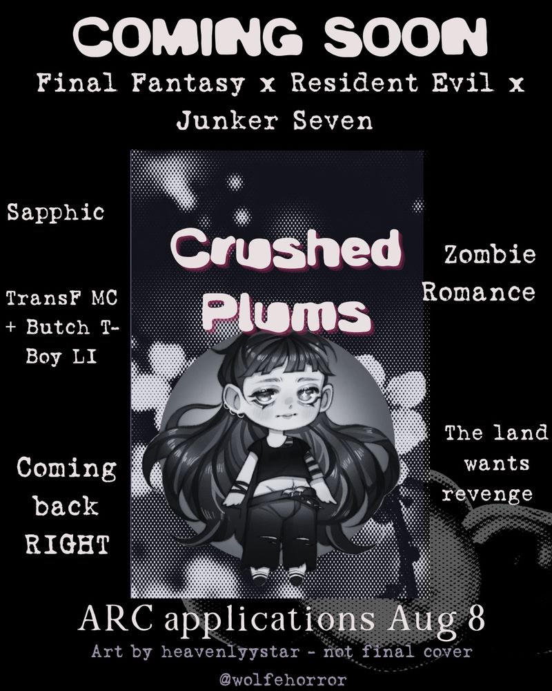 A trope map of a book called crushed plums that is sapphic, with a trans fem mc & a butch t boy love interest. Coming back RIGHT zombie romance, with chibi art by heavenlyystar
