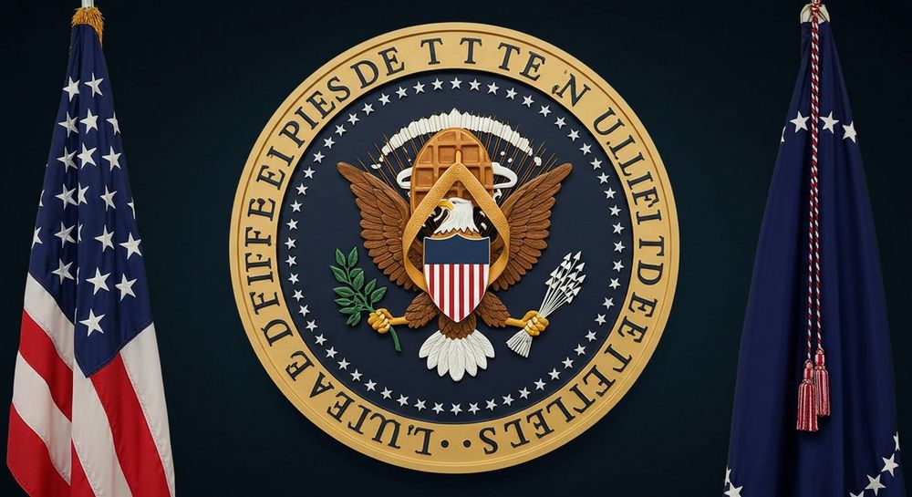 A us presidential seal, except it includes a waffle and flip flop