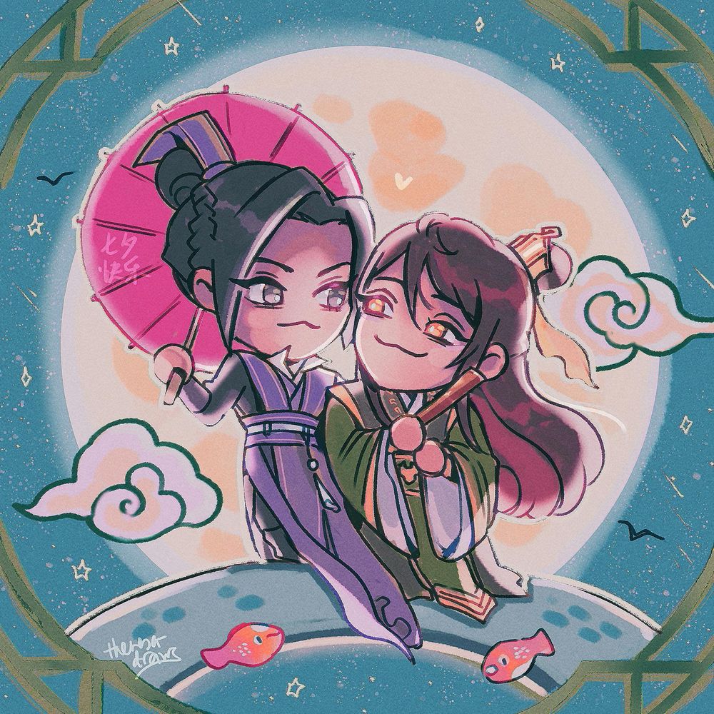 doodle of chibi sangcheng on a stone bridge, lit from behind by a full moon on a blue-green background. jiang cheng is looking at nie huaisang with a red umbrella in one hand, nhs is leaning towards jc with his face tilted framed by his fan. there's a pair of red-gold fish leaping in the air. 