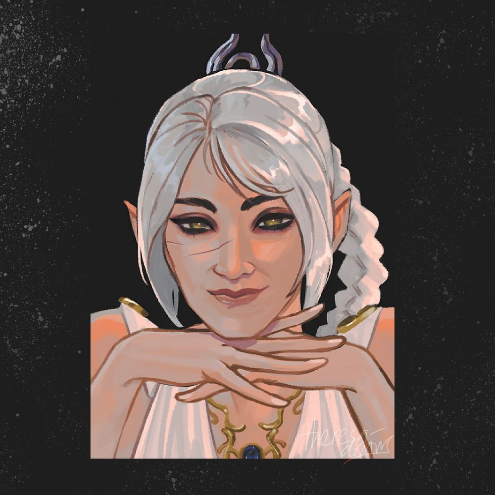 digital illustration of white-haired shadowheart with a gold necklace and white robes on a black background. she is smiling, looking ahead, while resting her chin on her fingers.