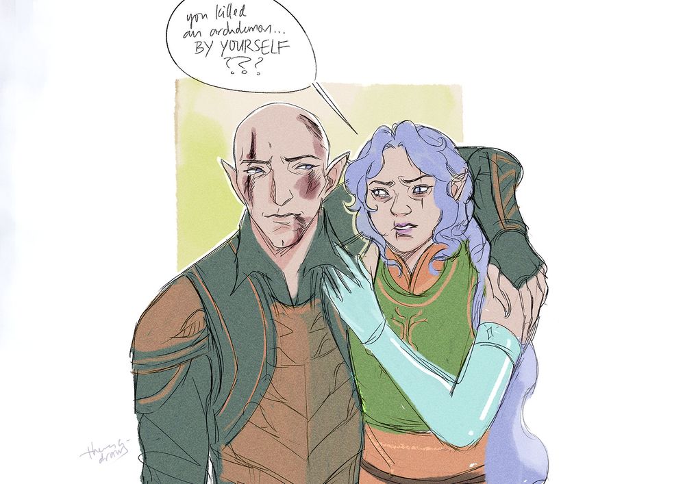coloured sketch of solas holding onto miha for support (post-veilguard), he has cuts on his head and over his right eye. he is smiling as she is admonishing him.

miha: you killed an archdemon BY YOURSELF???