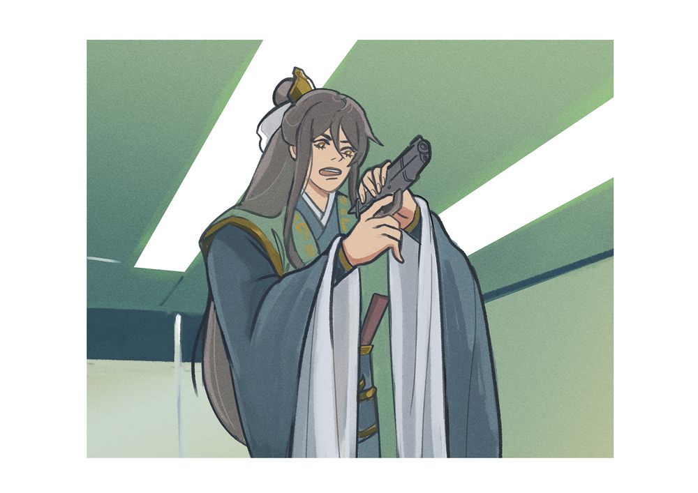nie huaisang with a gun on a green walled room, with two bright white lights. 