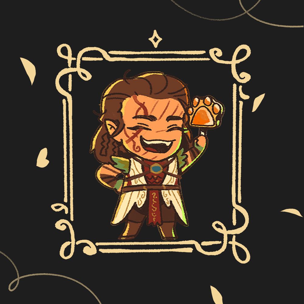 chibi halsin in a gold frame, on a black background. he is holding up a pawprint-shaped orange popsicle, smiling widely.
