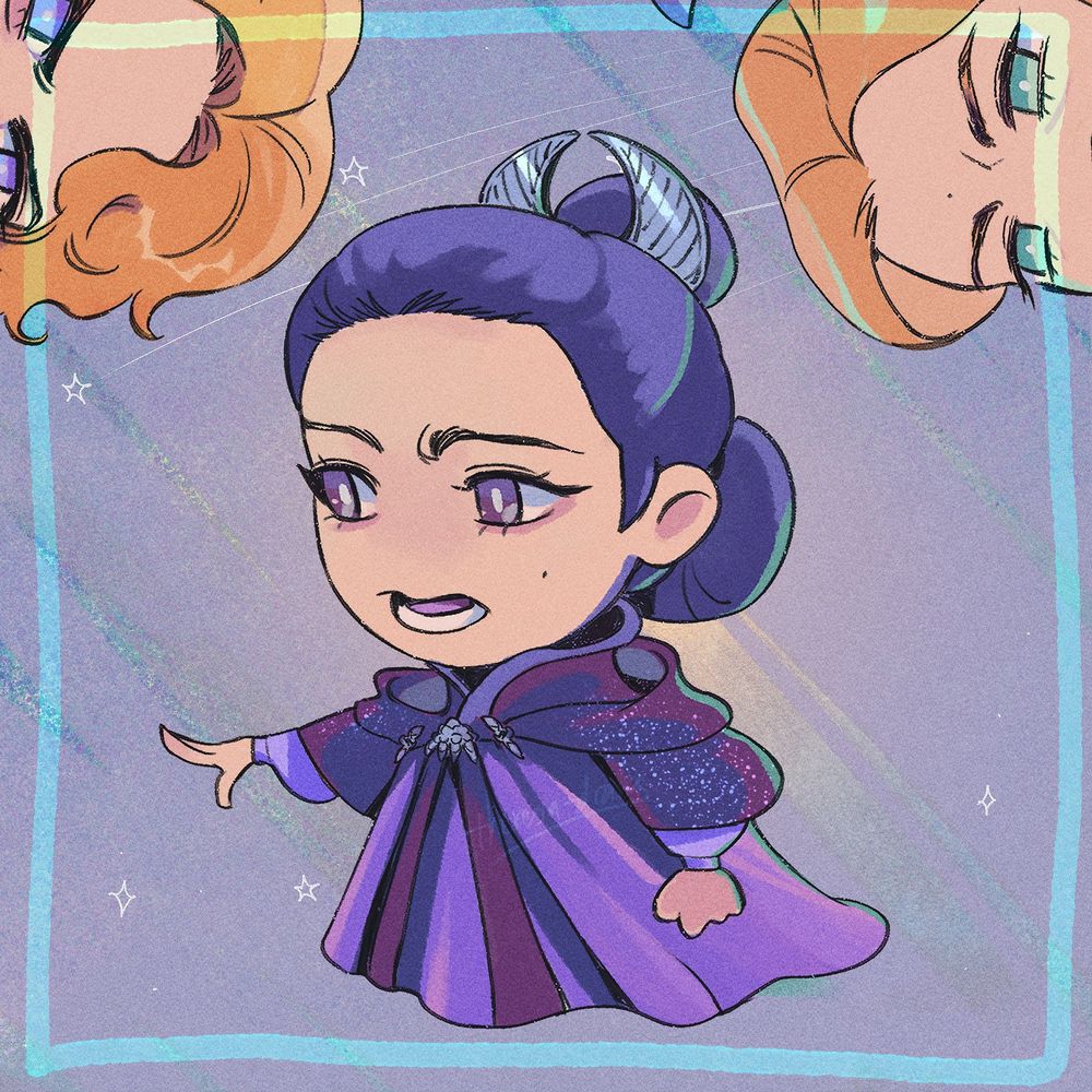 Drawing of chibi Padme Amidala in her purple senate gown from Revenge of the Sith, and a silver winged hair piece. She is pointing forward with her right hand, left hand clenched in a fist.