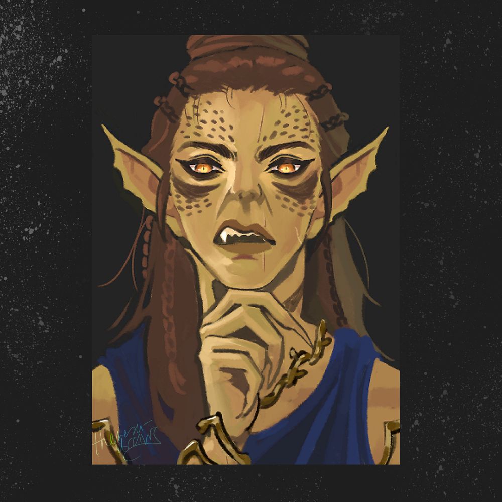 Digital painting of Laezel in a blue gown with gold jewellery/trimmings. She is looking directly ahead, sneering, hand on chin.