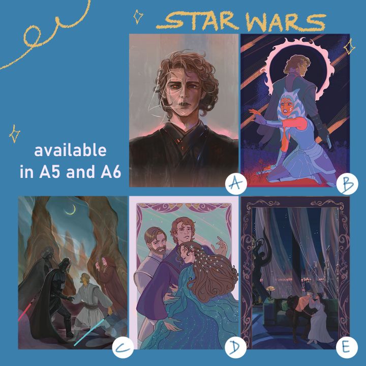 line up of my sw artwork for sale.

text: available in A5 and A6.