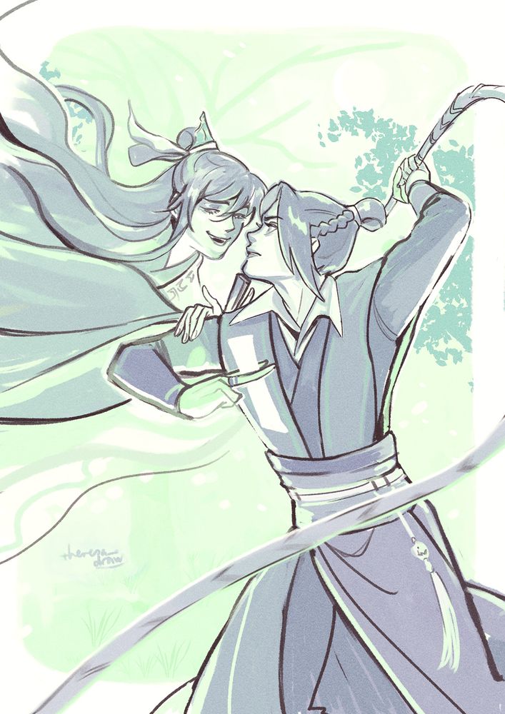 digital illustration of jiang cheng wielding his whip zidian in his left hand, and a talisman in his right. nie huaisang is materialising out of the green glow looking down at him, tilting jc's head upwards with his fan. there is a vague shadow of a wilted tree in the background.