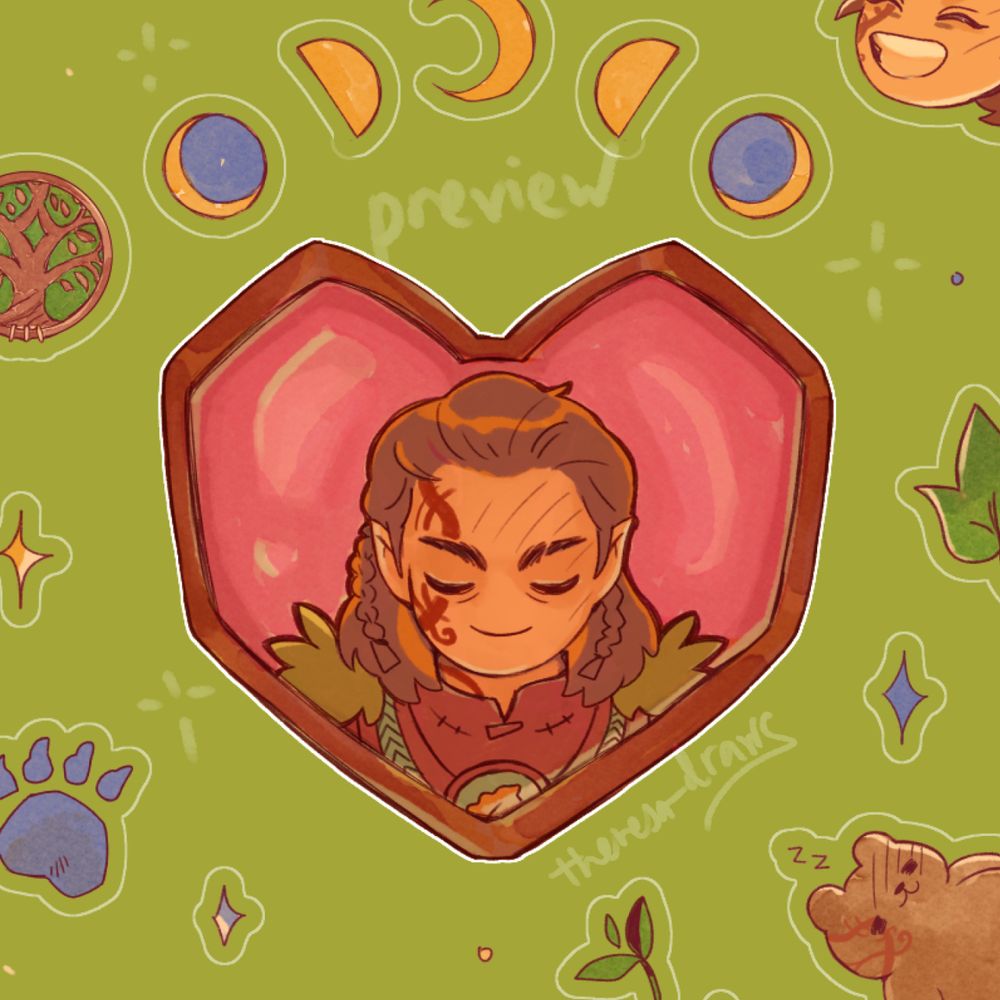 cropped screenshot of a halsin art. there are drawings of chibi halsin, eyes closed, in a pink heart/ moon phases/ bear paw print/ tree symbol/ sleepy bear/ leaves on a leaf-green background.