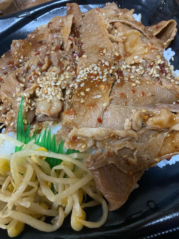 スーパーで買った牛焼肉弁当です。
もやしが少し入っています。