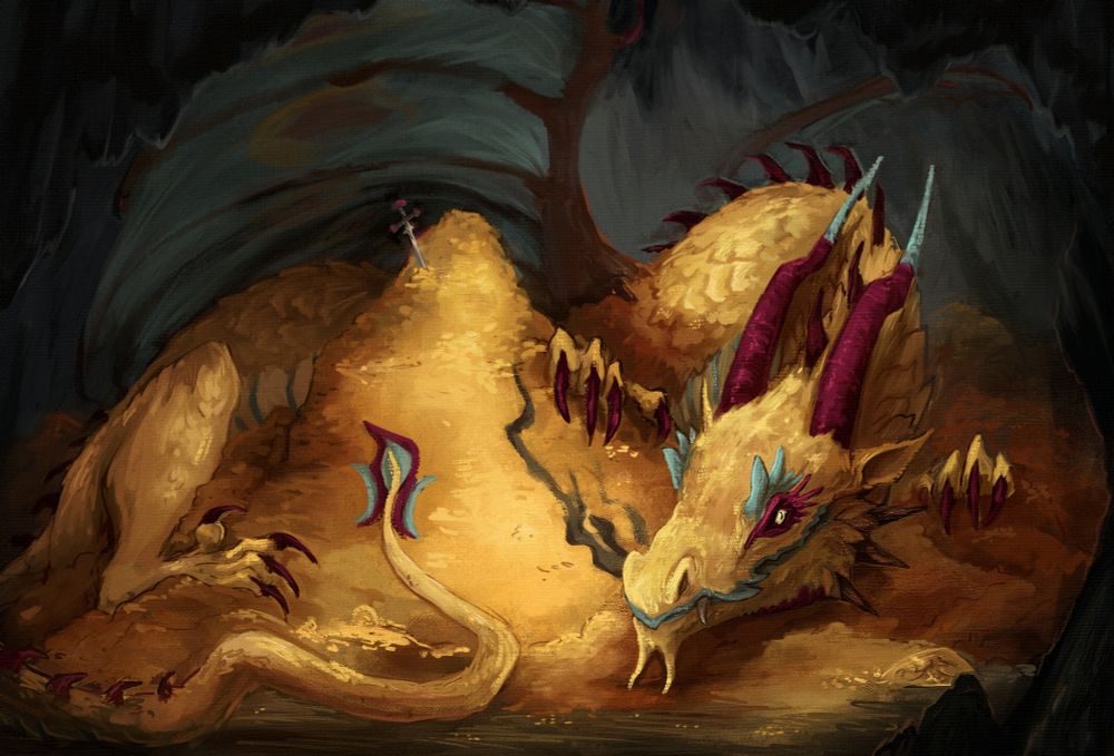 Painting of a golden dragon protecting his treasures of gold and riches