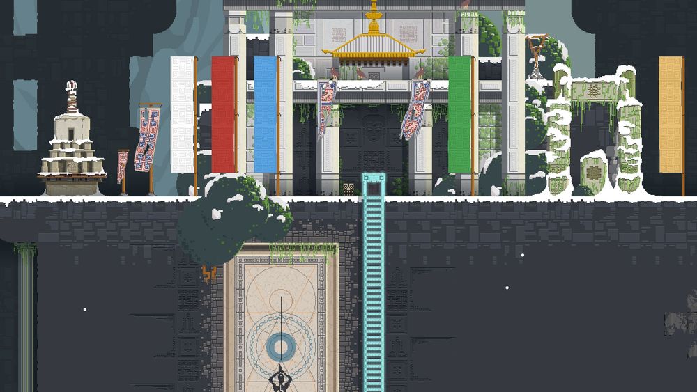 Screenshot from the game Mandagon - a small Tibetan temple and landscape is rendered with pixel art 