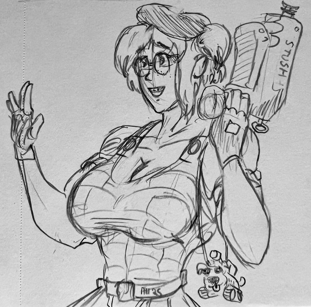 A tall bespectacled woman cosplaying as Vela from N64 game Jet Force Gemini. She has a mockup weapon and is giving someone off camera the Vulcan hand salute. 